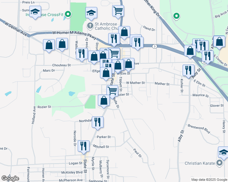 map of restaurants, bars, coffee shops, grocery stores, and more near 2409 State Street in Alton