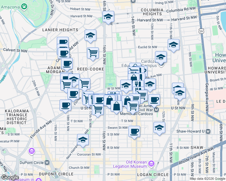 map of restaurants, bars, coffee shops, grocery stores, and more near 2112 New Hampshire Avenue Northwest in Washington