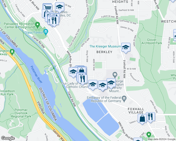 map of restaurants, bars, coffee shops, grocery stores, and more near 4820 W Street Northwest in Washington