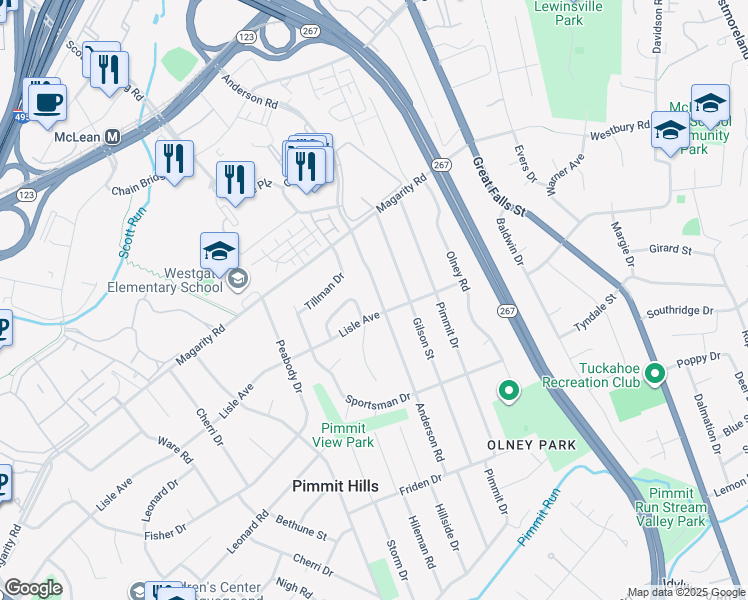 map of restaurants, bars, coffee shops, grocery stores, and more near 1752 Anderson Road in Falls Church