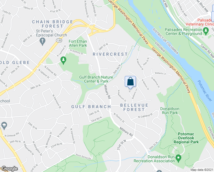 map of restaurants, bars, coffee shops, grocery stores, and more near 3607 Military Road in Arlington