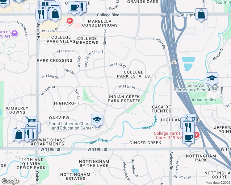 map of restaurants, bars, coffee shops, grocery stores, and more near 10820 West 116th Street in Overland Park