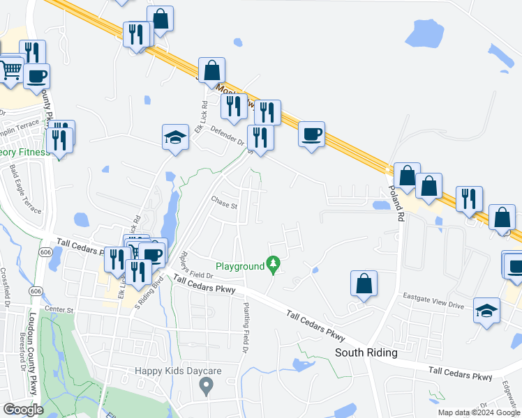 map of restaurants, bars, coffee shops, grocery stores, and more near 25234 Dunvegan Square in Chantilly