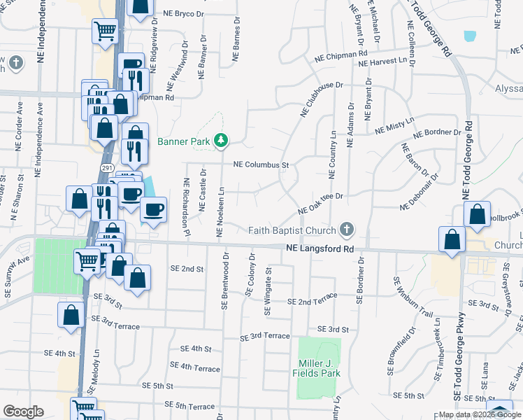 map of restaurants, bars, coffee shops, grocery stores, and more near 401 Northeast Dogwood Lane in Lee's Summit
