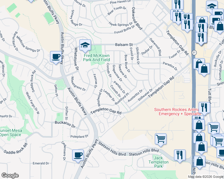map of restaurants, bars, coffee shops, grocery stores, and more near 5830 Corinth Drive in Colorado Springs