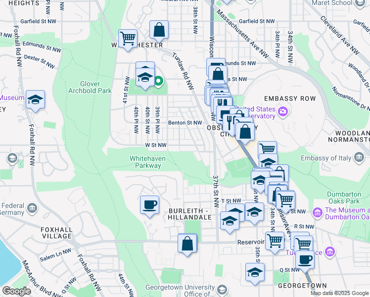 map of restaurants, bars, coffee shops, grocery stores, and more near 3762 W Street Northwest in Washington
