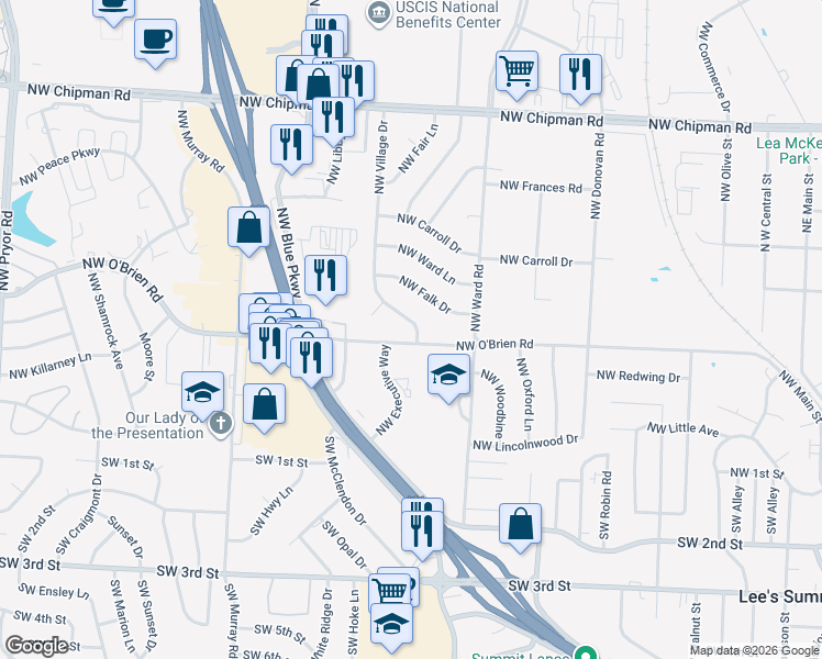 map of restaurants, bars, coffee shops, grocery stores, and more near 403 Northwest Village Drive in Lee's Summit