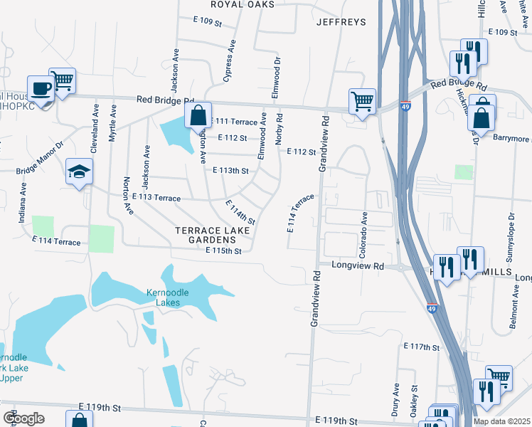 map of restaurants, bars, coffee shops, grocery stores, and more near 11313 Norby Road in Kansas City