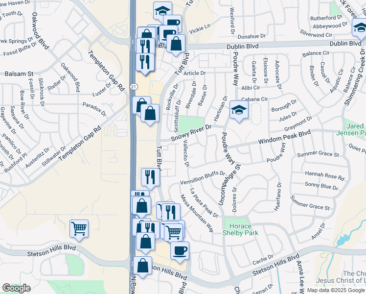 map of restaurants, bars, coffee shops, grocery stores, and more near 6074 Vallecito Drive in Colorado Springs