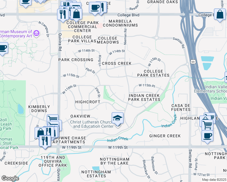 map of restaurants, bars, coffee shops, grocery stores, and more near 11240 West 116th Terrace in Overland Park