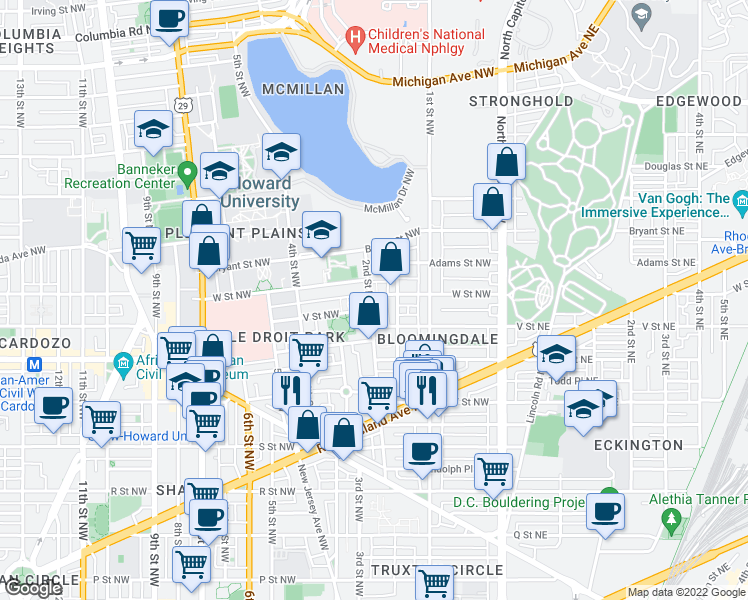 map of restaurants, bars, coffee shops, grocery stores, and more near 158 W Street Northwest in Washington