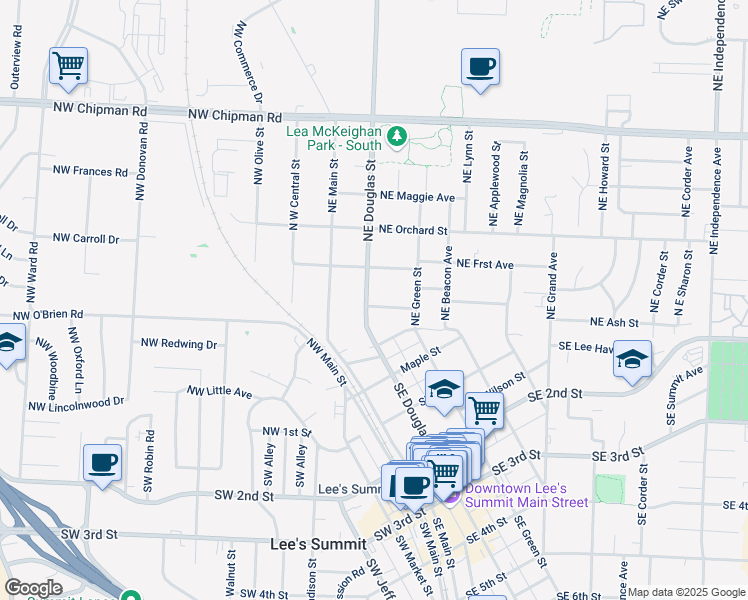 map of restaurants, bars, coffee shops, grocery stores, and more near 301 Northeast Douglas Street in Lee's Summit