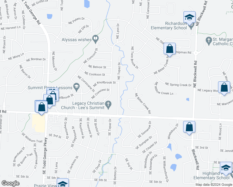 map of restaurants, bars, coffee shops, grocery stores, and more near 308 Northeast Topaz Drive in Lee's Summit