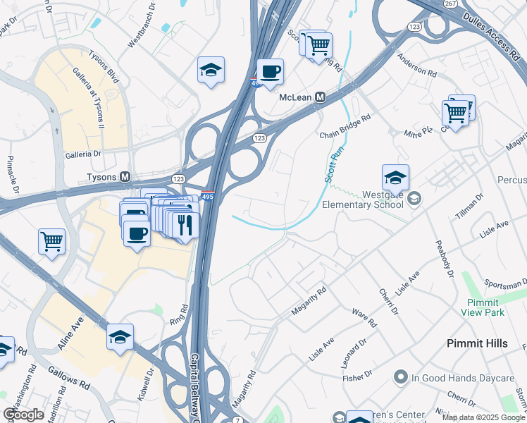 map of restaurants, bars, coffee shops, grocery stores, and more near 1768 Old Meadow Lane in McLean