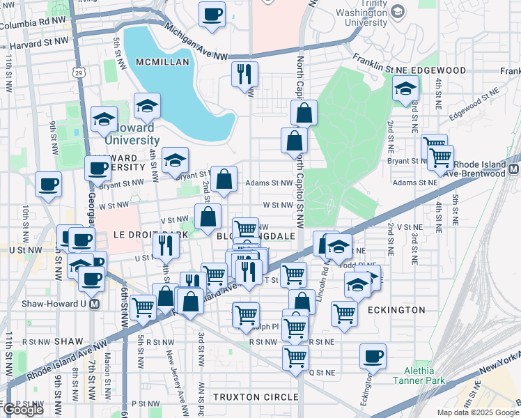 map of restaurants, bars, coffee shops, grocery stores, and more near 72 W Street Northwest in Washington