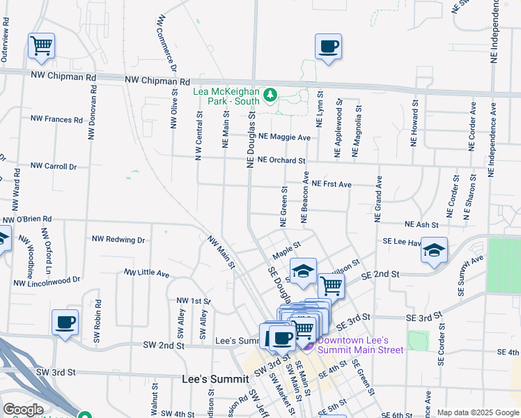 map of restaurants, bars, coffee shops, grocery stores, and more near 301 Northeast Douglas Street in Lee's Summit