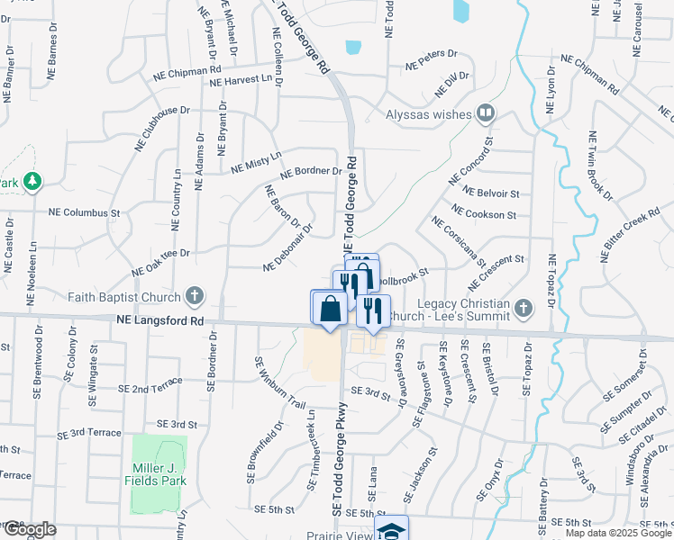 map of restaurants, bars, coffee shops, grocery stores, and more near 409 Northeast Timbercreek Drive in Lee's Summit