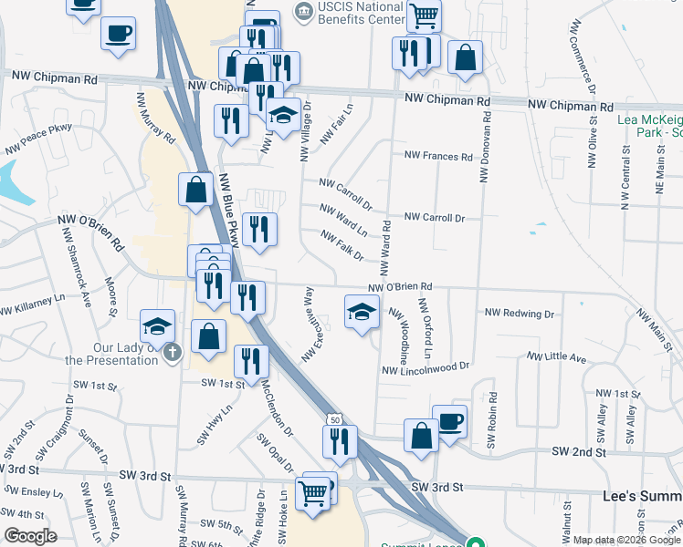 map of restaurants, bars, coffee shops, grocery stores, and more near 403 Northwest Village Drive in Lee's Summit