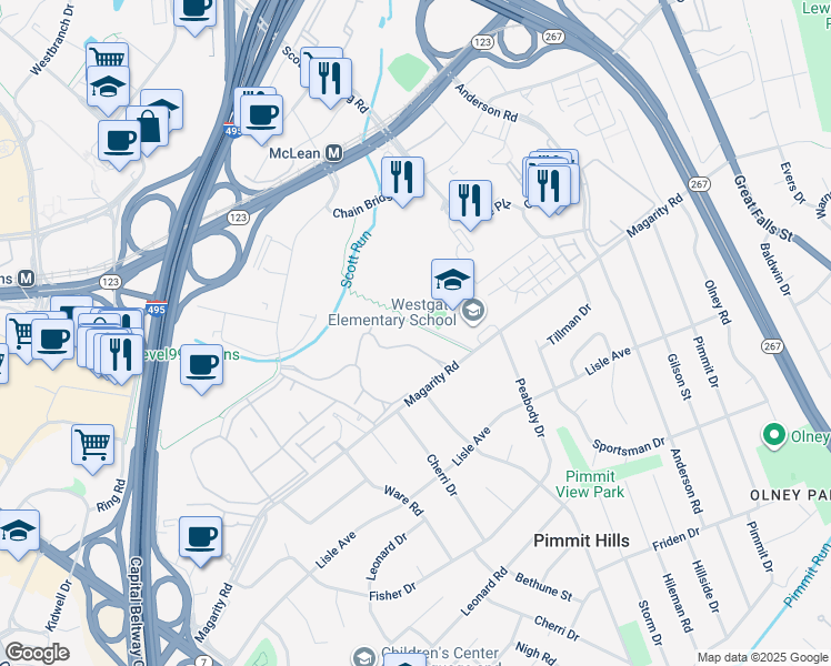 map of restaurants, bars, coffee shops, grocery stores, and more near 7640 Tremayne Place in McLean