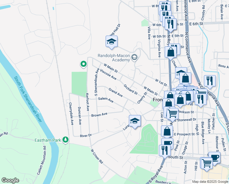 map of restaurants, bars, coffee shops, grocery stores, and more near Grand Avenue in Front Royal