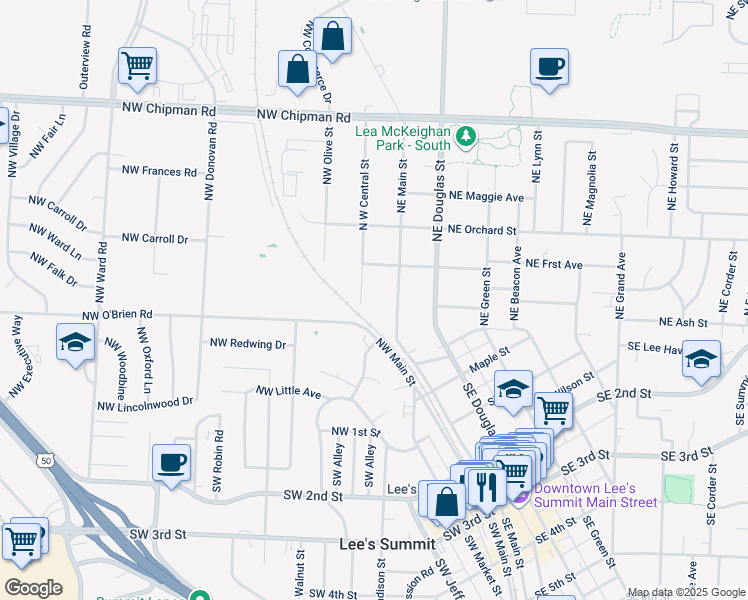 map of restaurants, bars, coffee shops, grocery stores, and more near 301 North West Central Street in Lee's Summit
