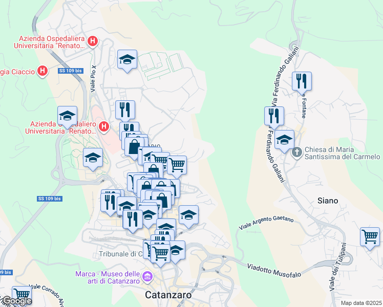 map of restaurants, bars, coffee shops, grocery stores, and more near 29 Via Fratelli Plutino in Catanzaro