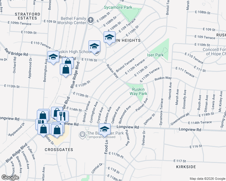 map of restaurants, bars, coffee shops, grocery stores, and more near 11214 Crystal Avenue in Kansas City