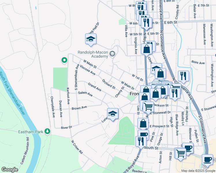 map of restaurants, bars, coffee shops, grocery stores, and more near 248 Orchard Street in Front Royal