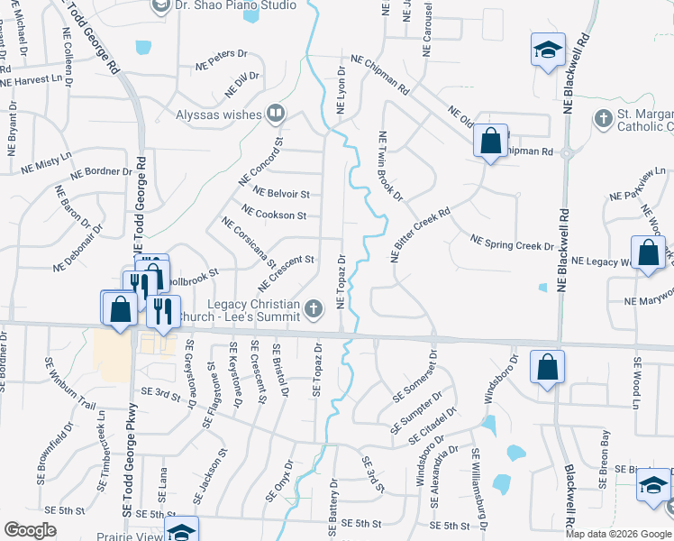 map of restaurants, bars, coffee shops, grocery stores, and more near 308 Northeast Topaz Drive in Lee's Summit
