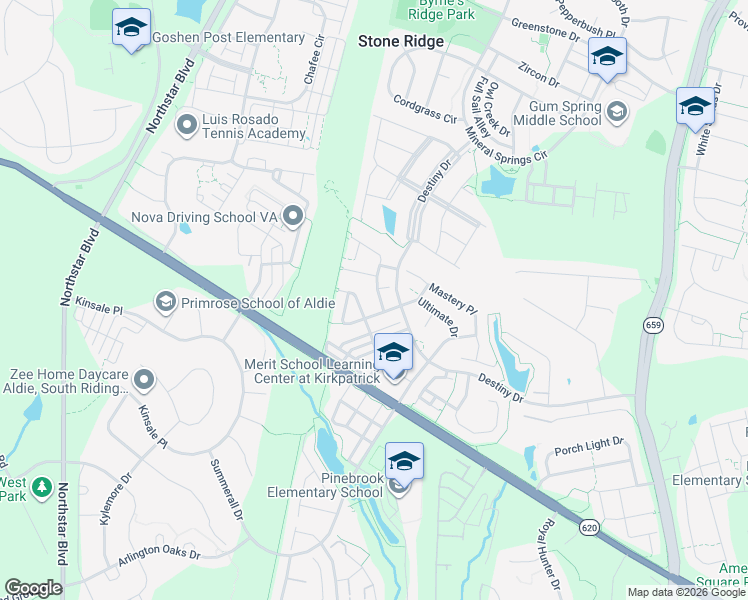 map of restaurants, bars, coffee shops, grocery stores, and more near 25255 Destination Square in Aldie