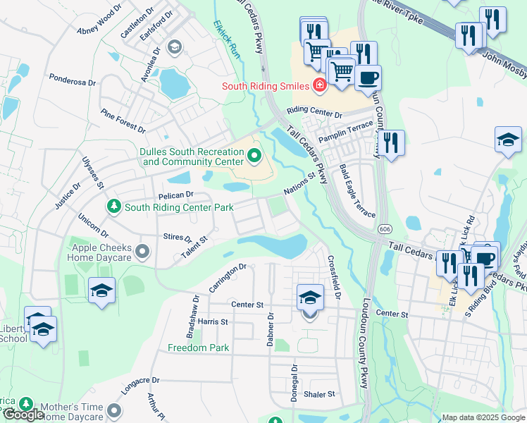 map of restaurants, bars, coffee shops, grocery stores, and more near 25250 Lyon Terrace in South Riding