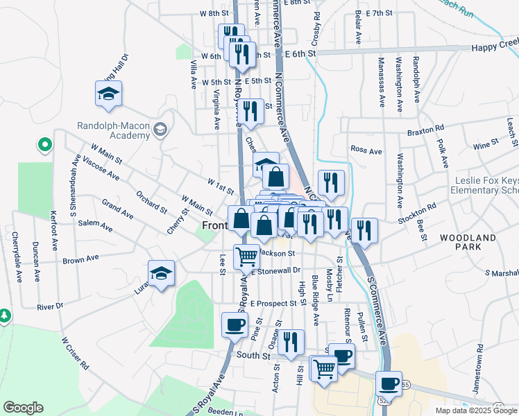 map of restaurants, bars, coffee shops, grocery stores, and more near 27 Crescent Street in Front Royal
