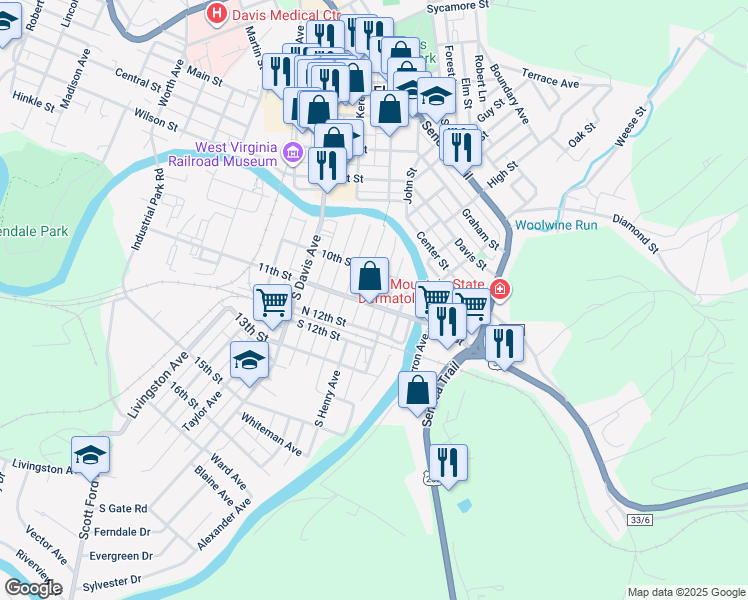 map of restaurants, bars, coffee shops, grocery stores, and more near 109-213 11th Street in Elkins