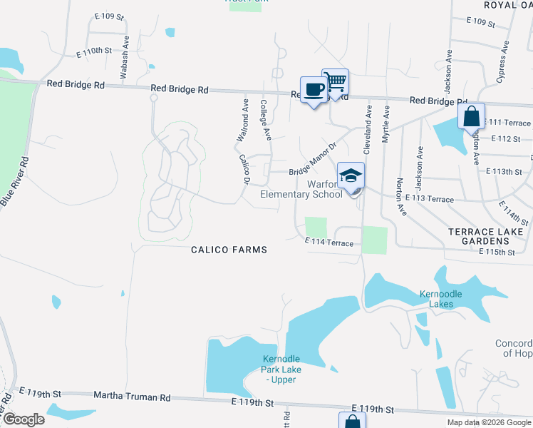 map of restaurants, bars, coffee shops, grocery stores, and more near 11369 Calico Drive in Kansas City
