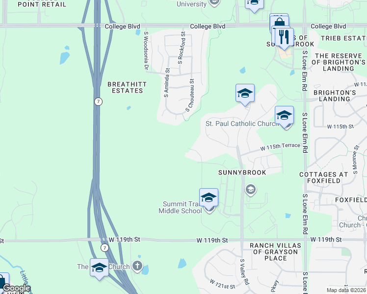 map of restaurants, bars, coffee shops, grocery stores, and more near 11522 South Montclaire Drive in Olathe