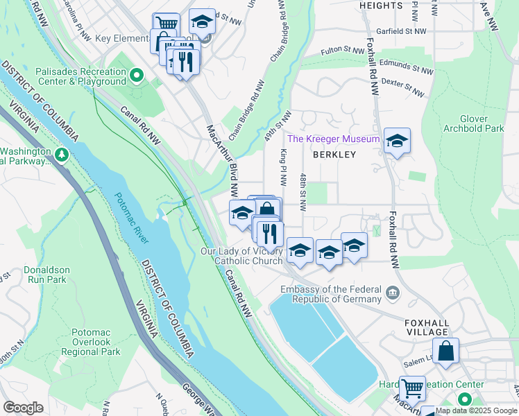 map of restaurants, bars, coffee shops, grocery stores, and more near 4900 W Street Northwest in Washington