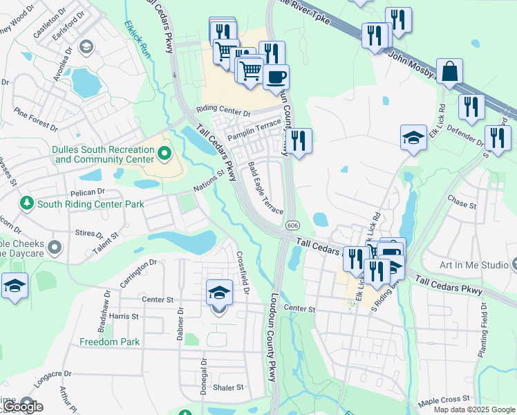 map of restaurants, bars, coffee shops, grocery stores, and more near 25238 Whippoorwill Terrace in South Riding