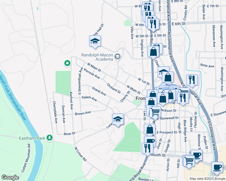 map of restaurants, bars, coffee shops, grocery stores, and more near 248 Orchard Street in Front Royal
