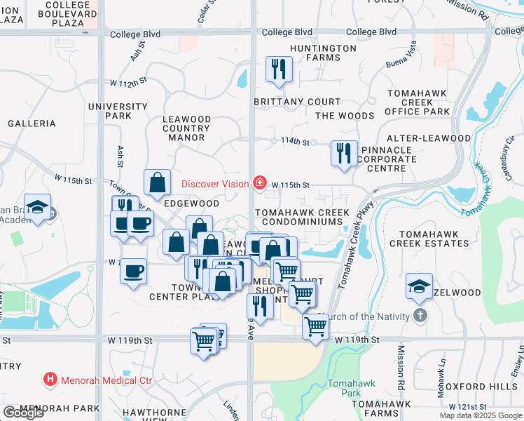 map of restaurants, bars, coffee shops, grocery stores, and more near 11550 Granada Lane in Leawood