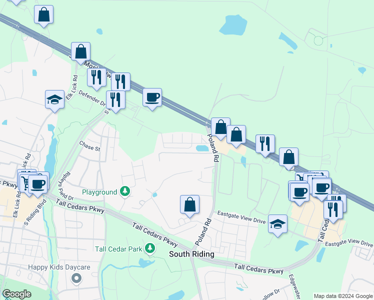 map of restaurants, bars, coffee shops, grocery stores, and more near 43505 Town Gate Square in Chantilly