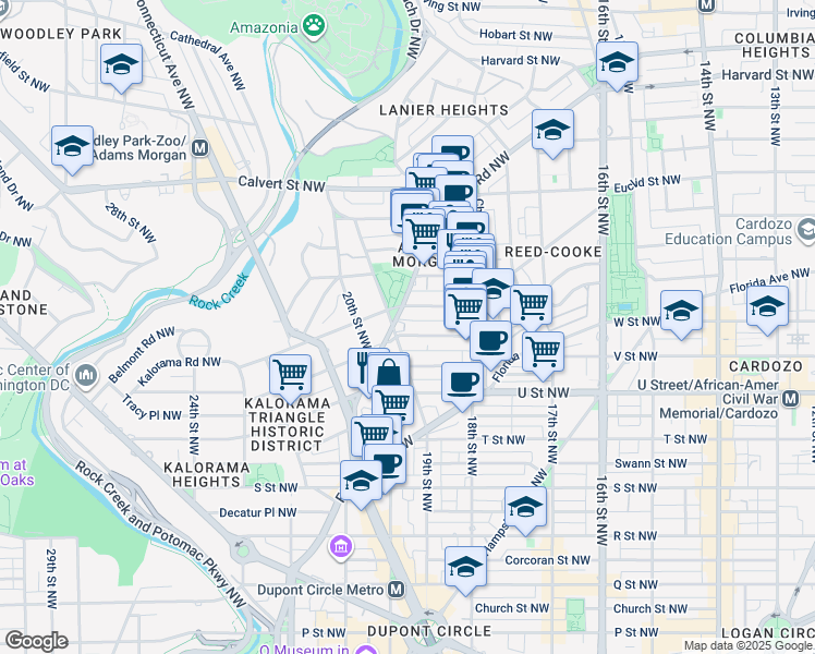 map of restaurants, bars, coffee shops, grocery stores, and more near 1884 Columbia Road Northwest in Washington