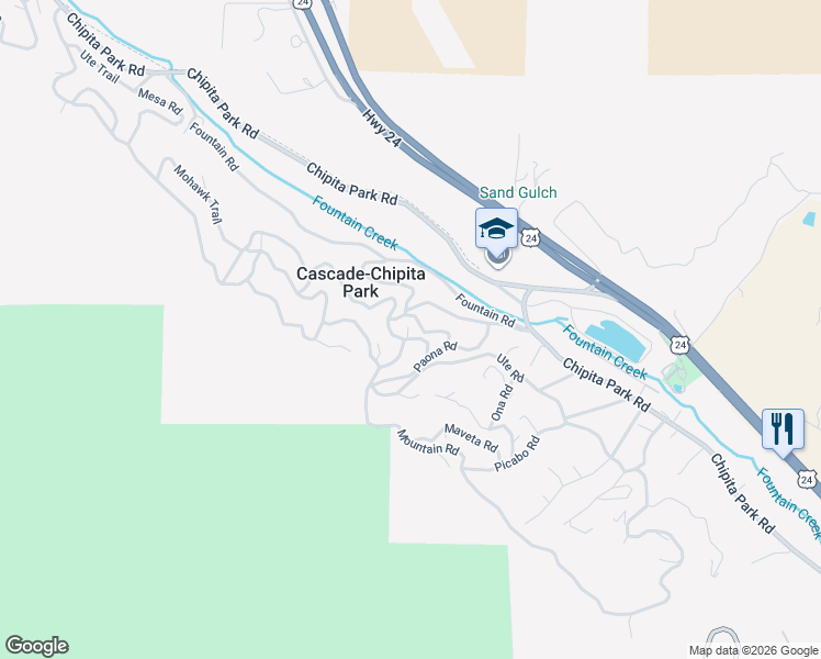 map of restaurants, bars, coffee shops, grocery stores, and more near 9454 Mohawk Trail in Cascade-Chipita Park