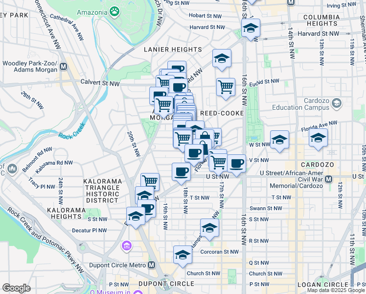 map of restaurants, bars, coffee shops, grocery stores, and more near 1801 Wyoming Avenue Northwest in Washington