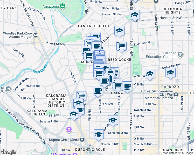 map of restaurants, bars, coffee shops, grocery stores, and more near 1811 Wyoming Avenue Northwest in Washington