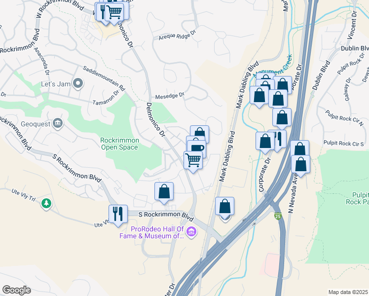 map of restaurants, bars, coffee shops, grocery stores, and more near 6031 Colony Circle in Colorado Springs