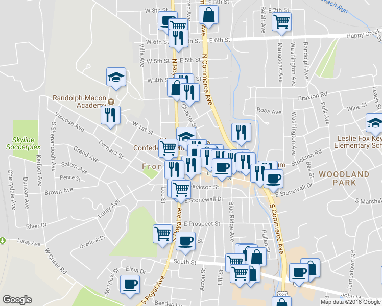 map of restaurants, bars, coffee shops, grocery stores, and more near 27 Crescent Street in Front Royal