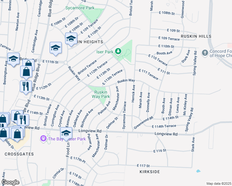 map of restaurants, bars, coffee shops, grocery stores, and more near 11208 Manchester Avenue in Kansas City