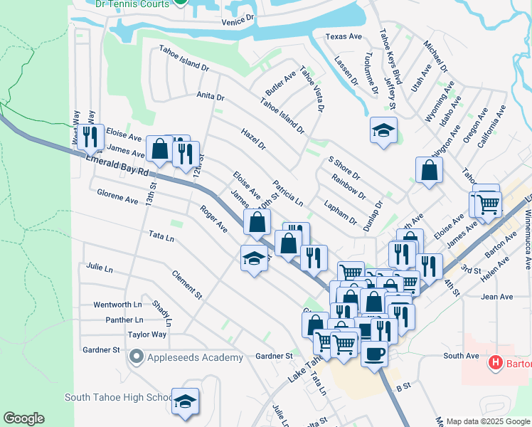 map of restaurants, bars, coffee shops, grocery stores, and more near 2036 10th Street in South Lake Tahoe