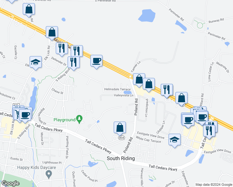 map of restaurants, bars, coffee shops, grocery stores, and more near 43495 Town Gate Square in Chantilly