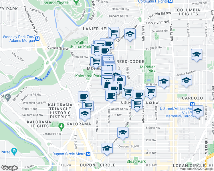 map of restaurants, bars, coffee shops, grocery stores, and more near 1801 Wyoming Avenue Northwest in Washington